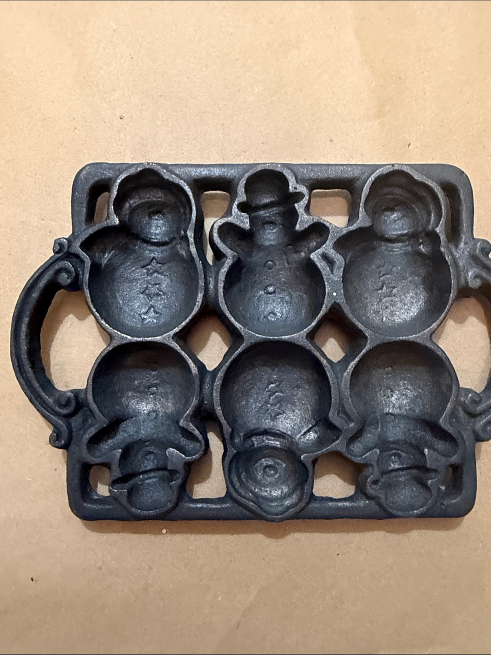 Cast Iron vintage John Wroght Snowman Muffin Pan - Black 8.5”